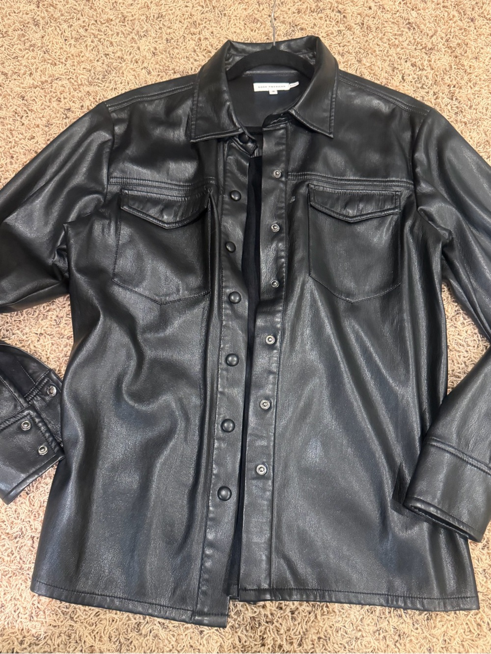 Good American Black Faux-Leather Shirt Jacket
